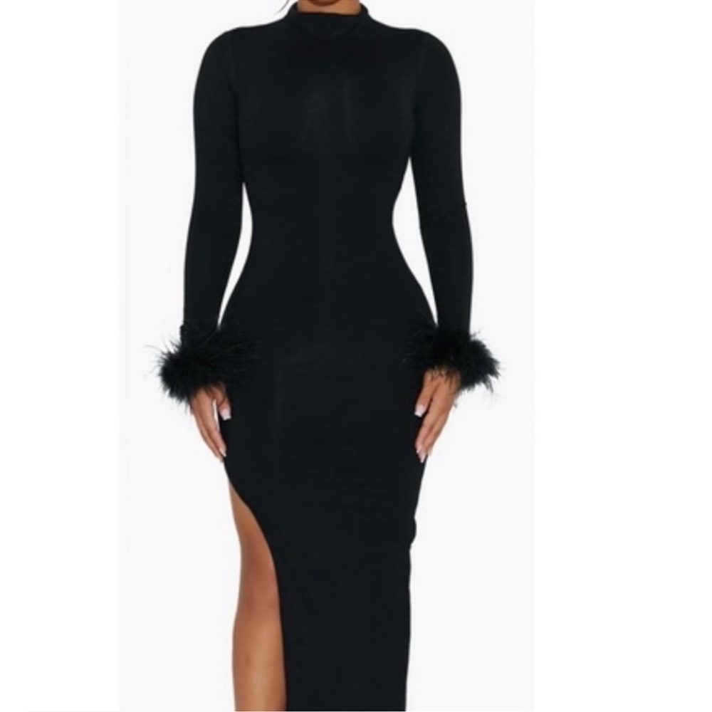 Naked Wardrobe Black Long Sleeve Dress with Feather Cuffs